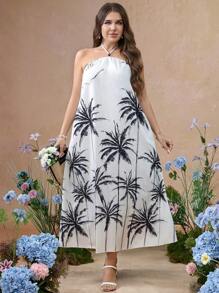 Flirla Vestido de vacaciones con escote de halter y estampado de palmeras para mujer de talla grande