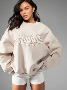 MISSGUIDED Manhattan NYC Varsity Collegiate Oversized Sweatshirt Streetwear Athletic Urban Fall Winter Loungewear Long Sleeve Pullover Sports Casual - Khaki - View 4