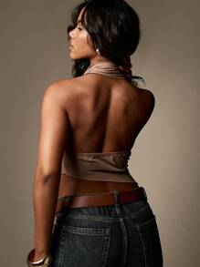 MISSGUIDED 不对称露背上衣褶皱单肩衬衫晚会俱乐部夜间外出时尚女式无袖夏季上衣带领带细节