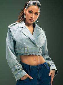 Denimoi Rhinestone Detail Cropped Denim Jacket - Light Wash - View 1