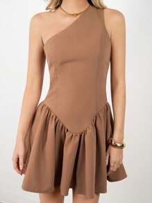 SNOW XUE GAO Light Brown Asymmetric Neckline Pleated Mini Dress Fashion Sundress Summer Vacation Outfits Dress For Women - Brown - View 3