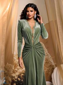 Glamrae Robe de soirée élégante en velours, décolleté plongeant sexy, épaulettes en dentelle, manches longues, taille froncée, ourlet fishtail maxi. Robe de soirée, robe de mariée, robe pour invité de mariage, robe de soirée, pour la Saint-Valentin - Vert - Voir 3