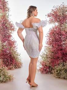 Glamrae Robe de cocktail ajustée en organza avec volants, décolleté en V, épaules dénudées, ornée de sequins, pour fête ou mariage, grande taille, élégante et romantique - Blanc - Voir 4