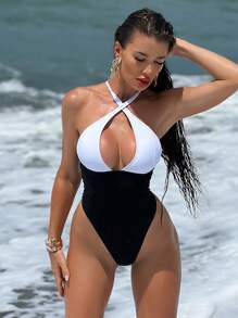 Swim SXY Fato de Banho de uma peça com alças finas de cor sólida, preto e branco, corte alto, trajes de praia e verão para mulheres - Preto e Branco - Ver 4