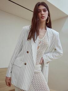 MOTF STUDIO LINEN STRIPED DOUBLE BREASTED BLAZER
