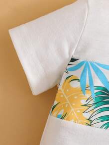 3 件套男童婴儿度假花卉拼布圆领针织短袖上衣、松紧腰短裤和太阳帽套装、男婴服装、儿童服装、夏季、6 个月至 3 岁 - 彩色 - 查看 6