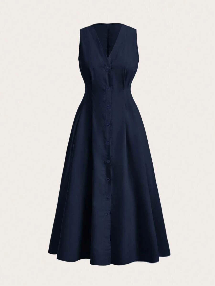 SHEIN EZwear Plus Size Sleeveless Button Decor Simple Casual Dress, For Spring & Summer - Royal Blue - View 1