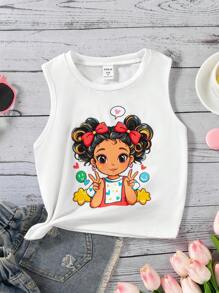 Camisetas sin mangas informales para niñas, con diseños gráficos de dibujos animados simples y lindos de cuello redondo, aptas para el verano - Blanco