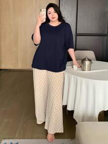 Dazy Plus Conjunto de Camisa de Pijama de Gola Redonda de Cor Sólida e Calça de Pijama Estampada, Terno de Sleepwear Para Todas as Estações