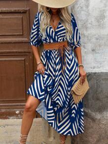 SHEIN Clasi Women's Contrast Color Geometric Print Cinched Waist Ruched Waist Flowy Dress For Commute And Vacation, Bohemian Style - Royal Blue - View 4