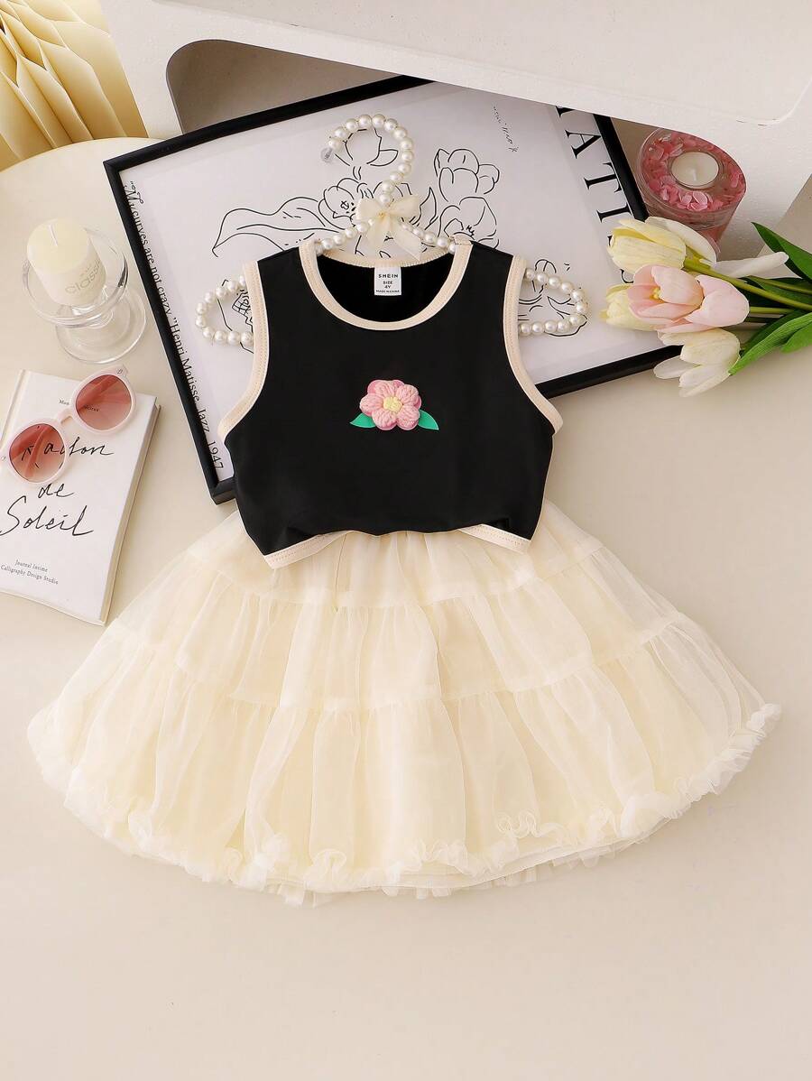 SHEIN Conjunto de 2 piezas de top de tirantes con estampado floral e falda de tul con volantes, moda INS para niña joven