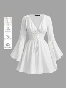 SHEIN MOD 礼服 带袖舞会礼服 女士喇叭袖腰系带连衣裙 - 白色 - 查看 5