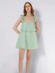 SHEIN Unity 随机碎花女式夏季休闲度假风格自然清新绿色花卉荷叶边无袖短款背心裙 - 綠色 - 查看 3