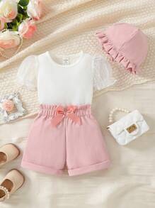 2 件装女婴甜美白色泡泡袖上衣和粉色短裤套装 - 彩色 - 查看 1