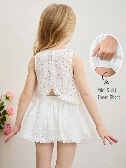 SHEIN Young Girl 2-Piece Set: Solid Crew Neck Asymmetric Hem Casual Top And Mini Skirt