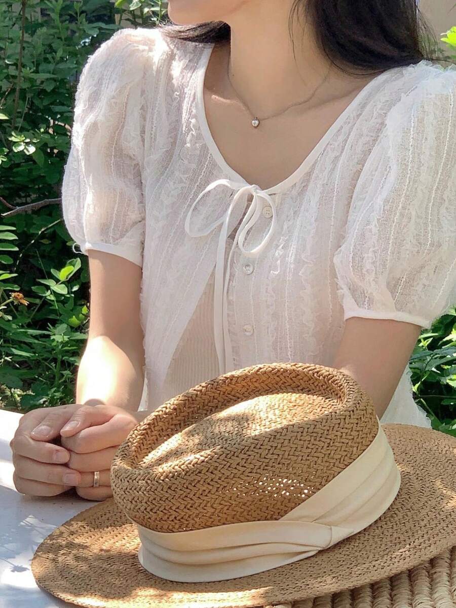 DAZY Women Round Neck Textured Casual Short Sleeve Tie Front Blouse Summer - White - View 1