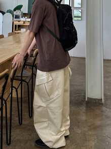 DAZY 春季纯色工装口袋设计卡其色男士长裤男士慢跑裤 - 杏色 - 查看 3