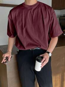 DAZY 男士纯色圆领短袖休闲 T 恤，夏季 - 紅色 - 查看 4