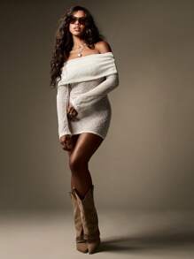 MISSGUIDED 闪亮针织露肩迷你连衣裙 长袖一字领 冬季假日派对晚宴场合 金属亮片