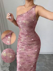 Elenzga فستان نسائي مع حزام مثبت بأنيق راقي ذو طراز موسيقي فاخر بتصميم معدني بألوان الوردي - متعدد الألوان - مشاهدة 1