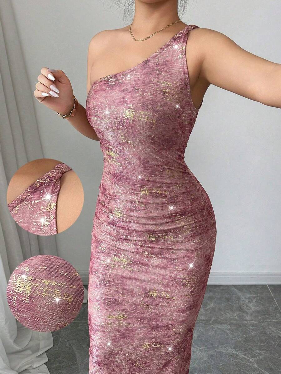 Elenzga فستان نسائي مع حزام مثبت بأنيق راقي ذو طراز موسيقي فاخر بتصميم معدني بألوان الوردي - متعدد الألوان - مشاهدة 1