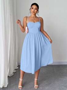 Elenzga 大码浪漫优雅纯色细肩带弹力针织连衣裙，适合情人节 - 藍色 - 查看 4