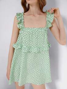 SHEIN Unity 随机碎花女式夏季休闲度假风格自然清新绿色花卉荷叶边无袖短款背心裙 - 綠色 - 查看 7