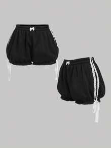 SHEIN MOD Plus Size  Black Lace Patchwork Bowknot Tie Waist Cute Girl Shorts.Cute  Summer Shorts Women - Black - View 1