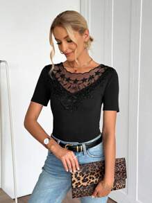 EMERY ROSE Women Patchwork Embroidery Mesh Round Neck Short Sleeve T-Shirt - Black - View 6