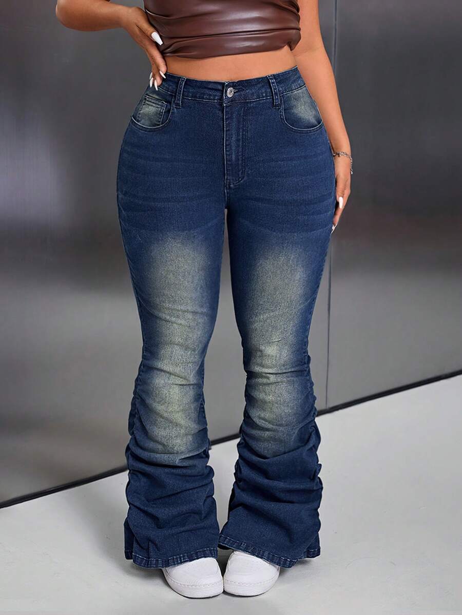 SHEIN ICON Y2K Streetwear Fashion Elastic Distressed Flared Pants - Dark Wash - View 1