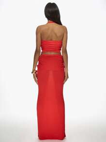 MISSGUIDED Ensemble coordonné contemporain avec col ras-du-cou, détail torsadé à l'avant, jupe longue. Tenue d'été pour la plage, les vacances, les fêtes, les soirées. Ensemble deux pièces pour les festivals, les vacances, les croisières, Noël - Rouge - Voir 2