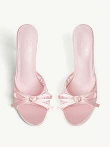 CUCCOO CHICEST 女士夏季新款蝴蝶结刺绣蕾丝圆头细高跟鞋优雅浪漫浅粉色缎面高跟凉鞋，适合礼服、伴娘、茶会、约会、时尚派对、婚礼、度假 - 粉色 - 查看 3