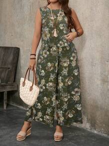 EMERY ROSE 大码女式印花圆领无袖阔腿裤两件套，夏季