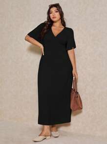 Elaquor 大码休闲优雅度假 V 领收腰 A 字形连衣裙 - 黑色 - 查看 6