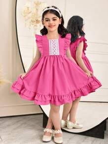 SHEIN Leap Crew Young Girl's Fashionable Woven Solid Color Round Neck Ruffle Hem Fitted Dress - Hot Pink - View 2