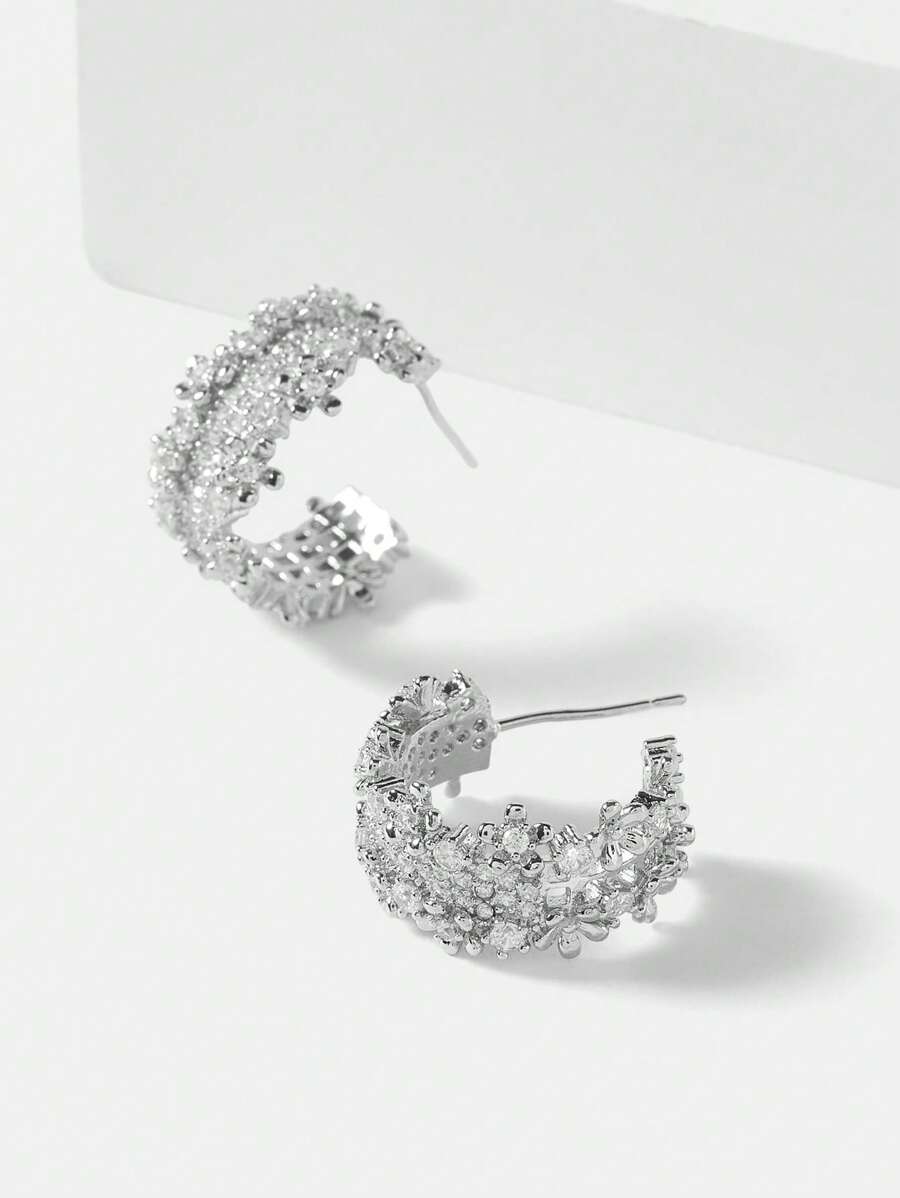 MOTF PREMIUM WHITE MICRO-INLAID CUBIC ZIRCONIA HALF HOOP EARRINGS - Silver - View 1