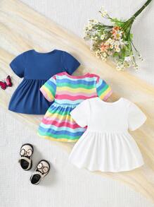 SHEIN 3pcs/Set Baby Rainbow Pattern Casual Round Neck Short Sleeve T-Shirt, Summer - Multicolor - View 2