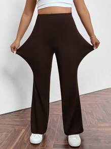 SHEIN Privé Plus Size Lente/Zomer/Herfst Elegant Casual Dagelijks Woon-werkverkeer Sport Hoge Taille Met Zak Rits Leggings Zwarte Flares Broek