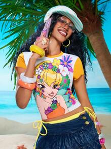 Winx Club X ROMWE Áo thun nữ cổ tròn tay ngắn họa tiết khối màu, mùa xuân/hè - Nhiều màu - Xem 7