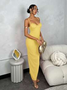 SHEIN BAE Đầm suông lưới màu trơn cúp dài tương phản cho mùa tốt nghiệp - Màu vàng - Xem 3