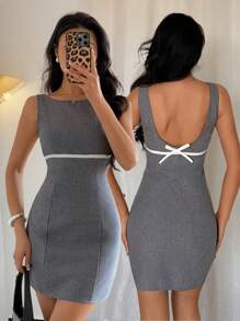 Rafferiza Women's Sleeveless Mini Dress With Back Cut-Out And Bow Decor, Contrast Color - Grey - View 1