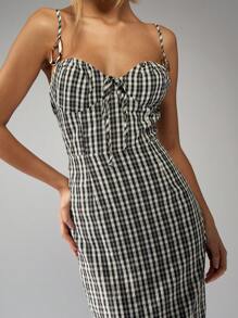 MISSGUIDED 泡泡纱格子格子马克西连衣裙意大利面表带夏季海滩帝国腰部烟熏紧身胸衣全长度假背心裙 - 黑色 - 查看 4