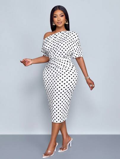 SOLERSUN Vestido de mujer de talla grande de estilo casual sensual, con escote hombros descubiertos, manga corta, de punto, con patrón de lunares franceses blancos, largo hasta las caderas, de estilo vintage, apropiado para fiesta de Fin de Año, San Valentín, primavera y verano, elegante para negocios o eventos