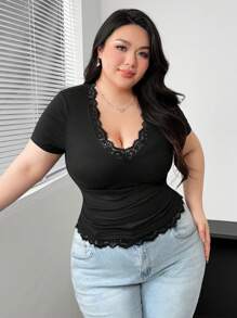 Vibekara Camiseta de fiesta elegante vintage sexy y linda con cuello en V, mangas cortas, plisada y con volantes, en patchwork, para mujer de talla grande
