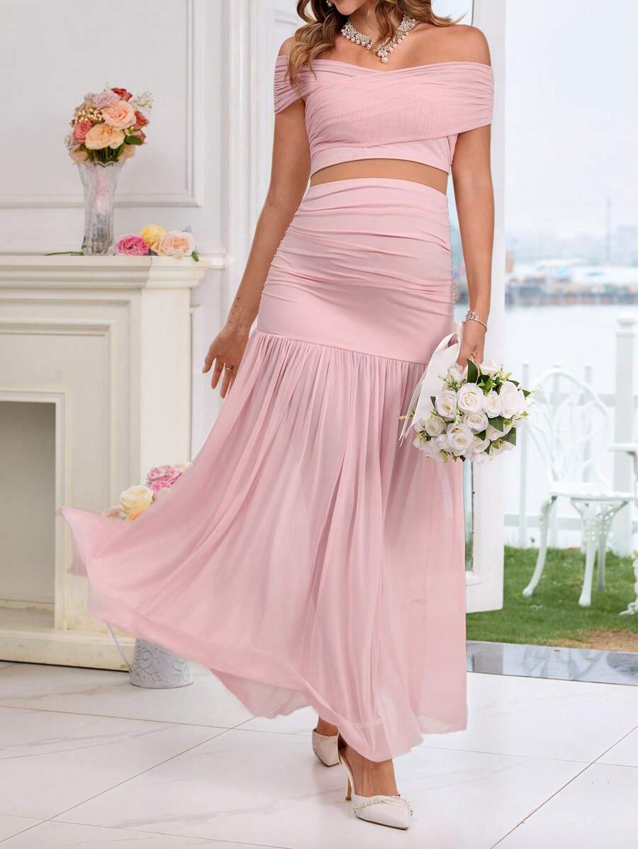 SHEIN 2 件套孕妇纯色露肩短袖短款上衣和裙子套装