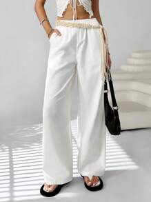 SHEIN EZwear Women's Summer Casual, White Holiday Casual Retro Western, Braided Belt, Loose Casual Trousers, Free Belt