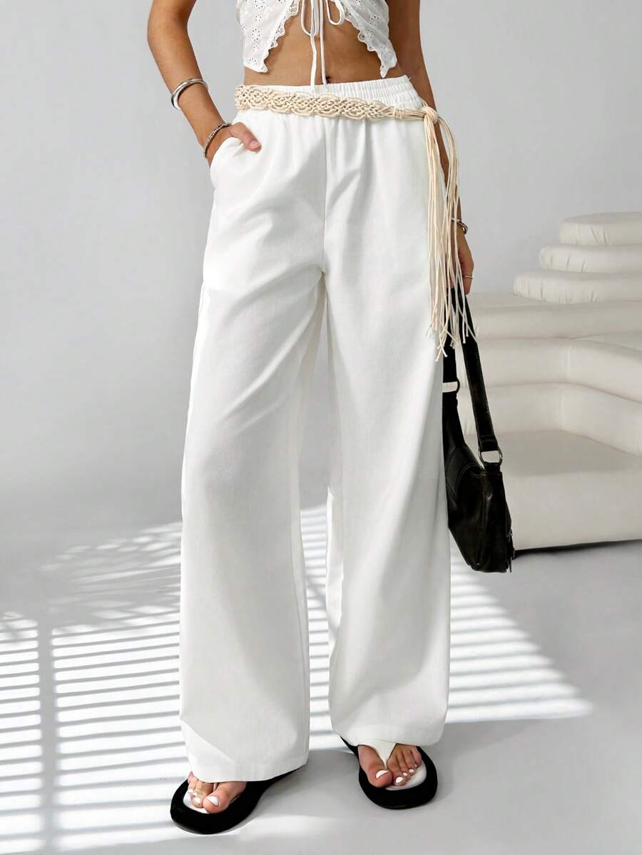 SHEIN EZwear Women's Summer Casual, White Holiday Casual Retro Western, Braided Belt, Loose Casual Trousers, Free Belt