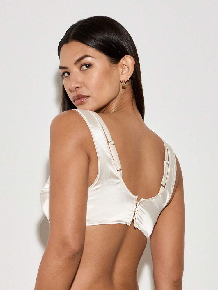 AiiRZ Satin Bralette Top Padded Crop Bustier With Delicate Lace Trim Evening Party Bridal Lingerie Style Sleeveless Summer Festival Fashion - Apricot - View 2