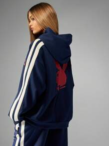 Missguided x Playboy Varsity Hoodie Sporty Retro Streetwear Classic Logo Drawstring Sweatshirt Autumn Winter Loungewear Pullover Casual Athletic Top - Royal Blue - View 2