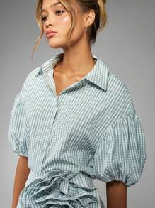 MISSGUIDED Puff Sleeve Gingham Check Summer Coordinates Set With 3D Floral Detail Mini Skirt Two Piece Outfit Spring Holiday Resort Wear Vacation Casual Set